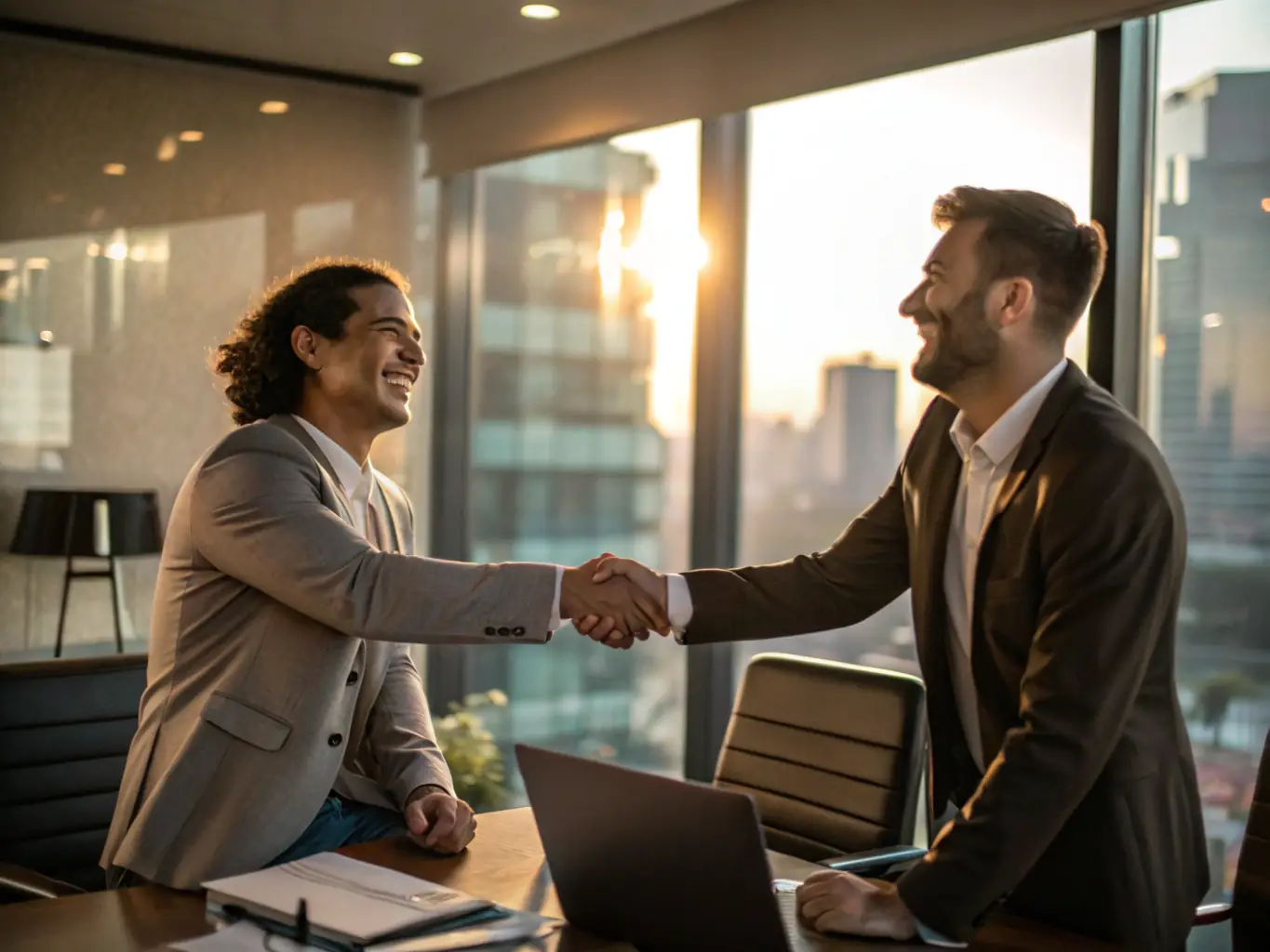 A handshake between a recruiter and a candidate, symbolizing a successful placement. The image should evoke a sense of satisfaction and accomplishment.