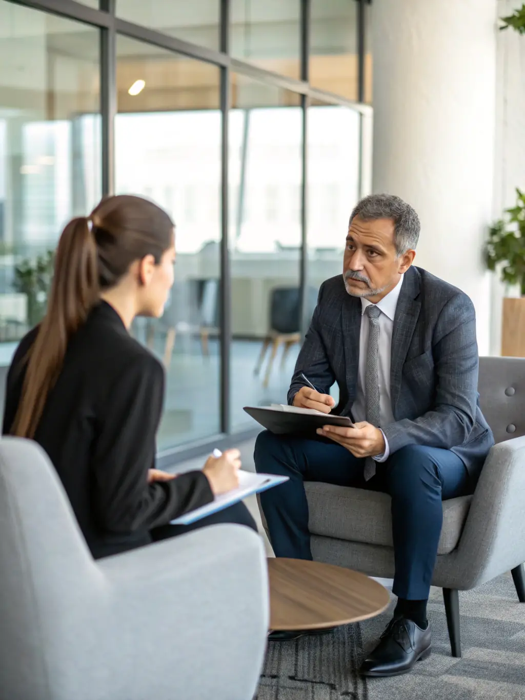 A professional recruiter interviewing a candidate in a modern office setting, focusing on the candidate's skills and experience.