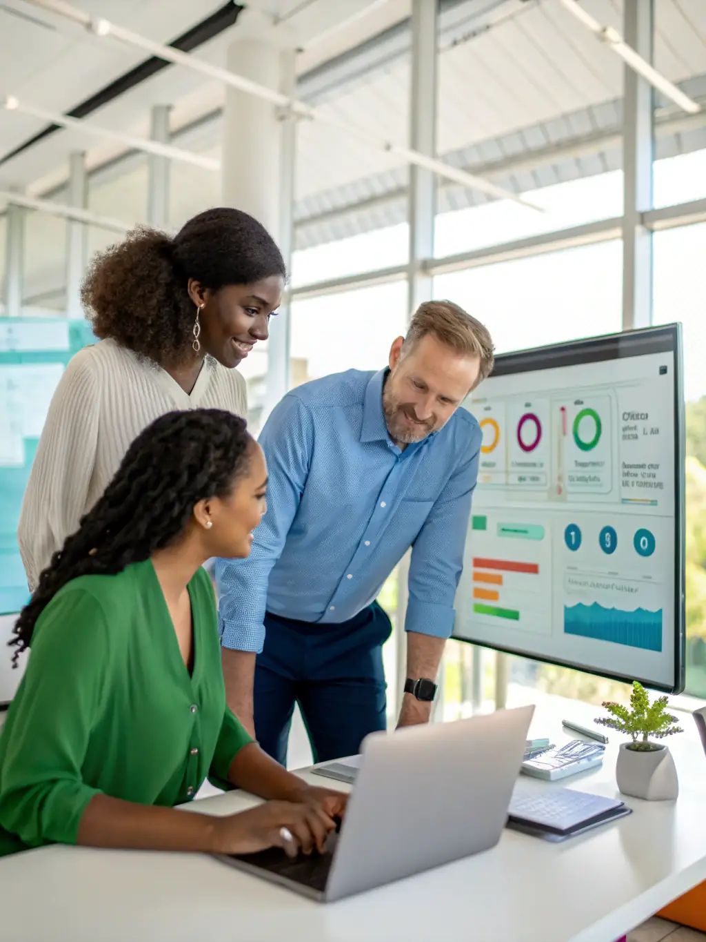 A diverse team of professionals collaborating on a recruitment strategy in a bright and collaborative workspace.